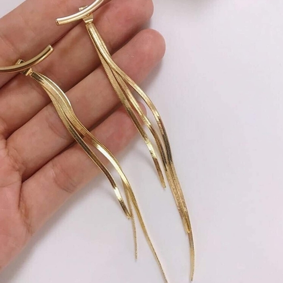 Curved Bar yellow Gold plated Tassel boho chic Statement earrings 2/$30 - Picture 12 of 13